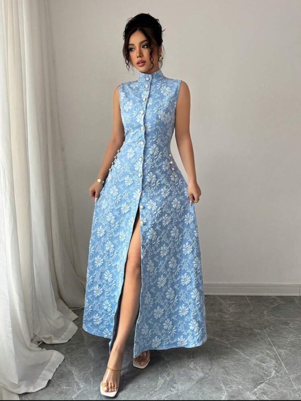 Elegant Blue Floral High-Neck Maxi Dress with Front Slit